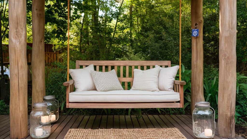 Outdoor Retreat With A Wooden Bench Swing