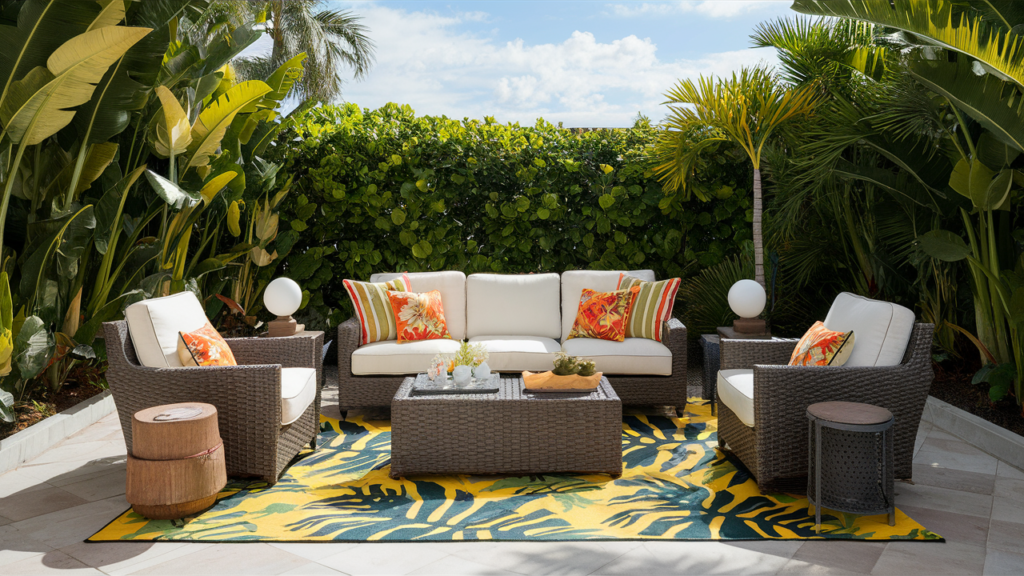 outdoor rugs with bold, tropical prints