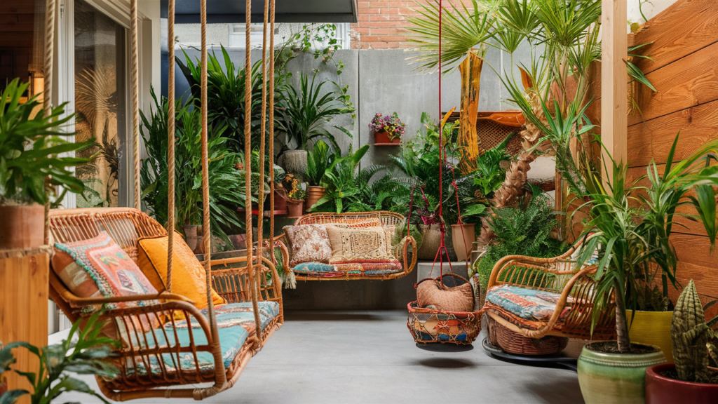 Patio Featuring Swinging Rattan Chairs