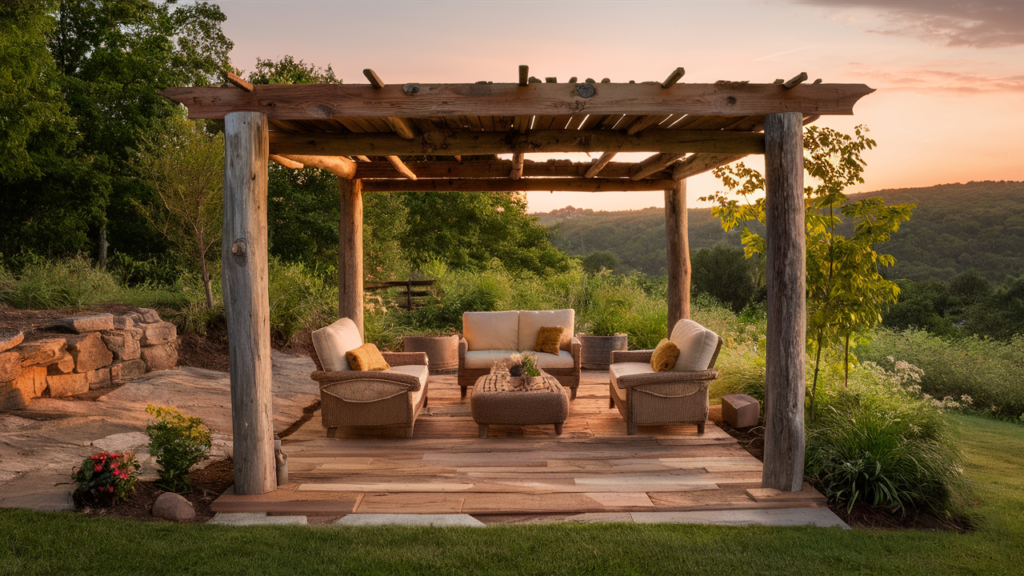 reclaimed wood to build a rustic pergola that blends beautifully with natural