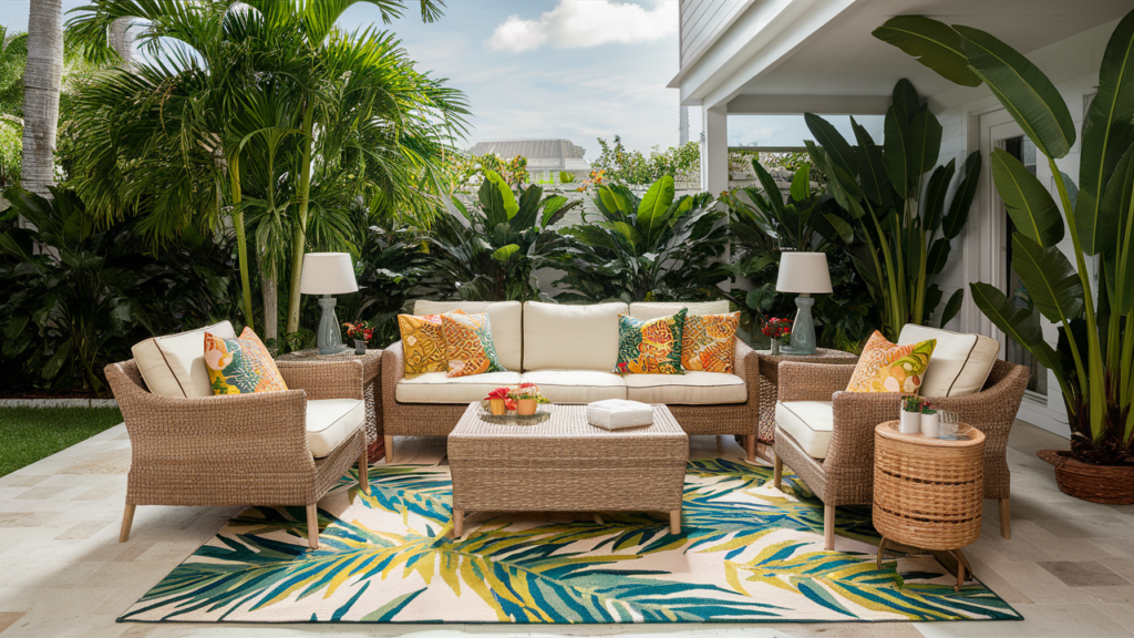 rugs with bold, tropical prints like palm leaves