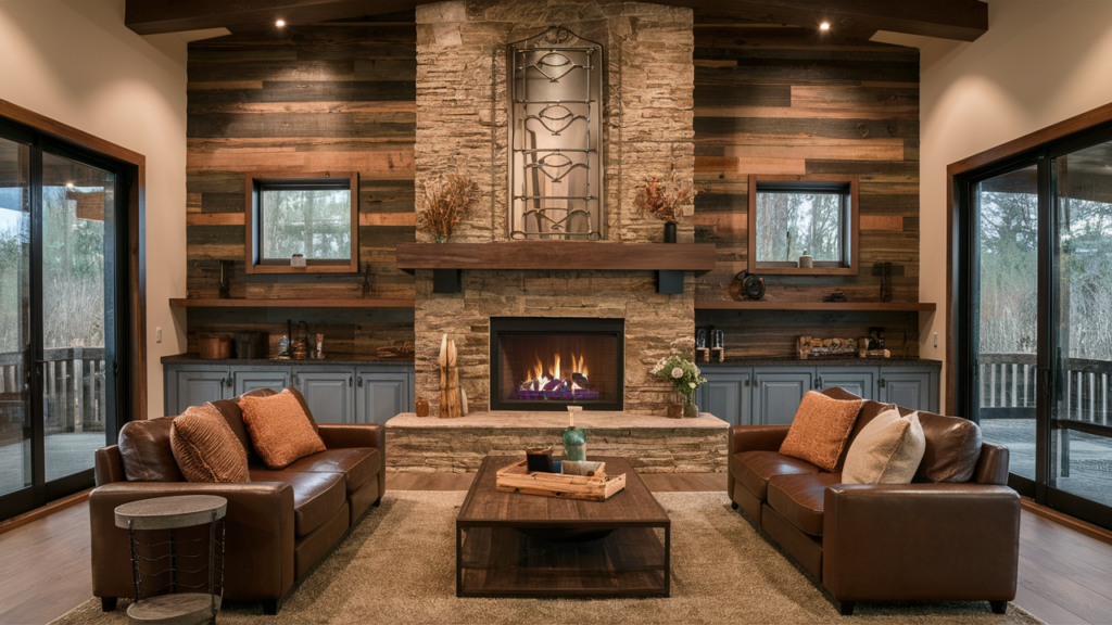 stone combination creating a dramatic fireplace wall