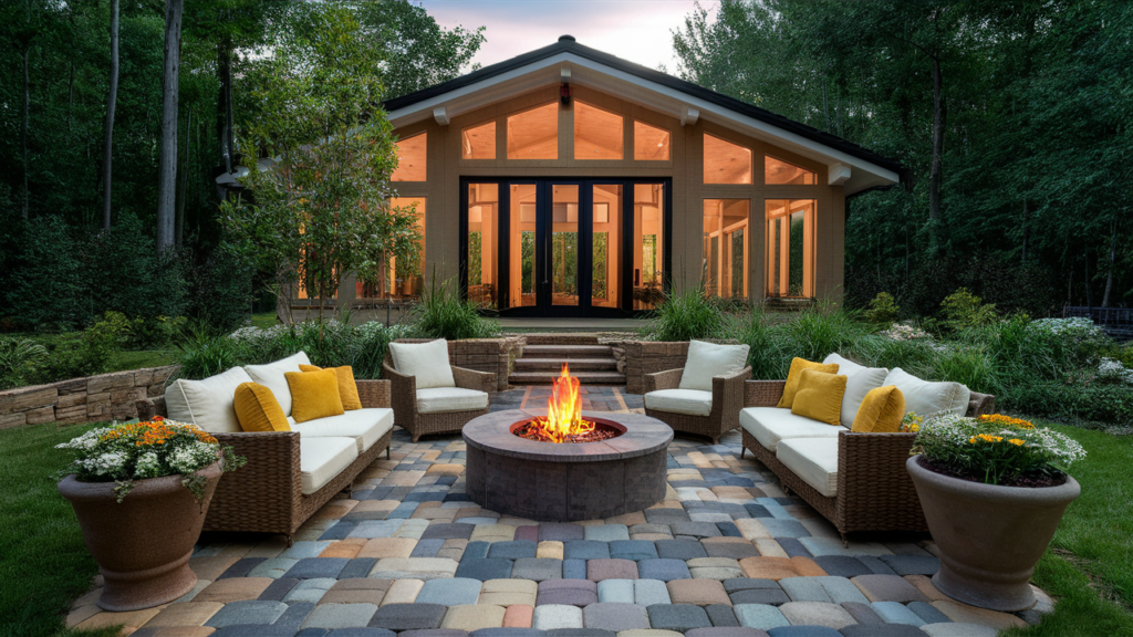 stylish patio using interlocking pavers in various shapes