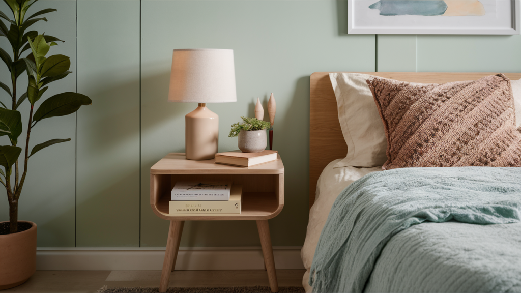 Table In Light Oak, Paired With A Simple Ceramic