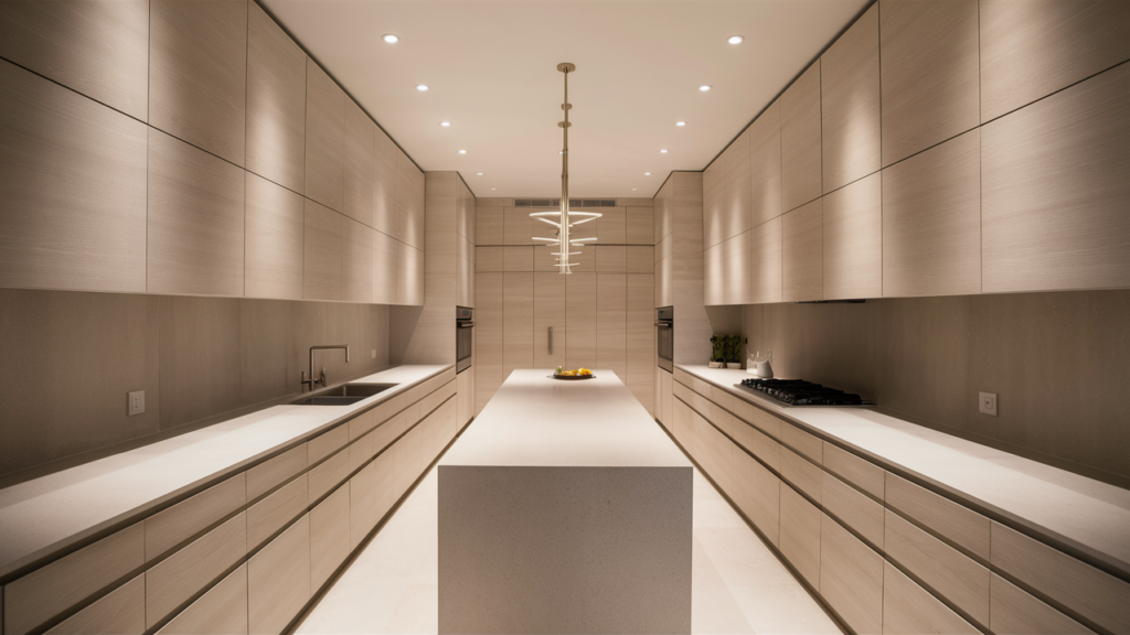 Kitchen with uniform cabinetry, an uninterrupted countertop