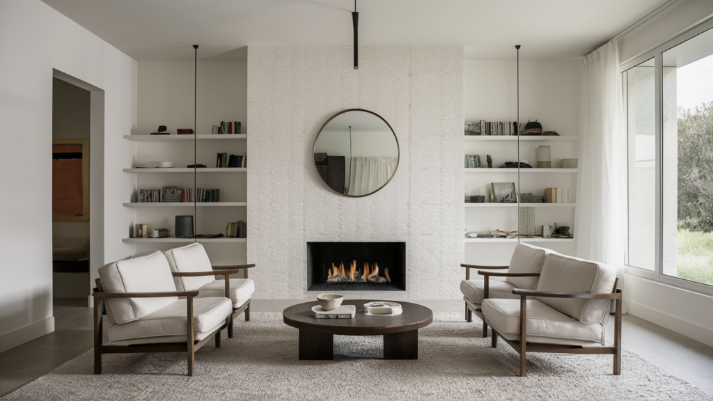 tiles with a subtle textured finish, surrounding a modern fireplace