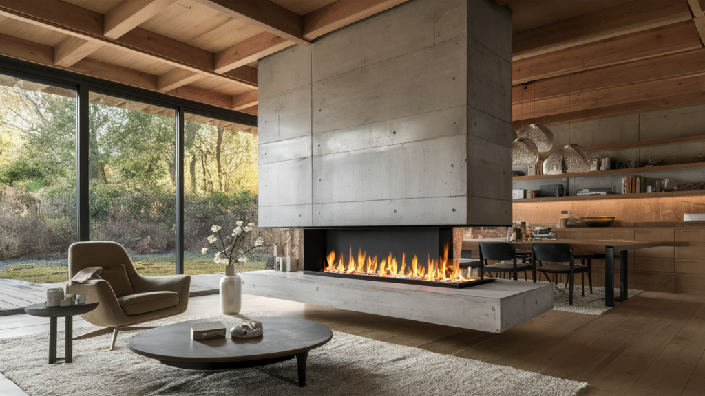 two-sided fireplace with floating concrete