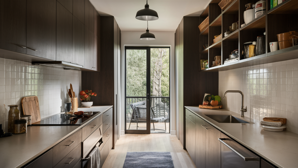 vertical storage in a galley kitchen