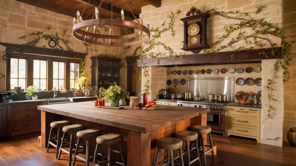 warm and inviting rustic kitchen, featuring a massive wooden island