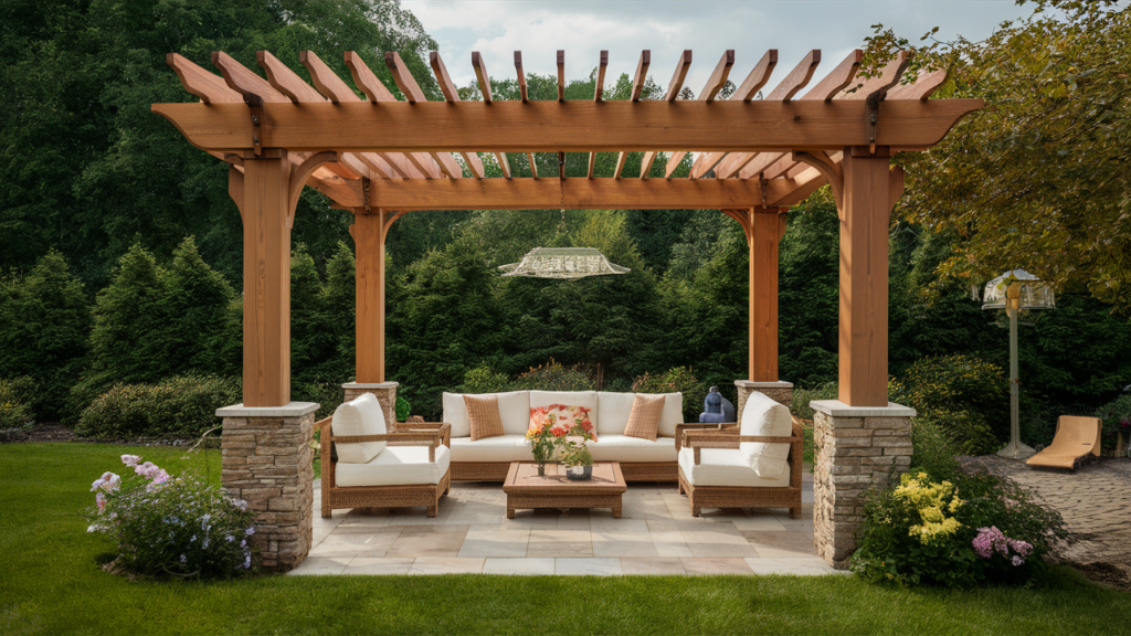 wooden pergola with sturdy beams and a natural finish