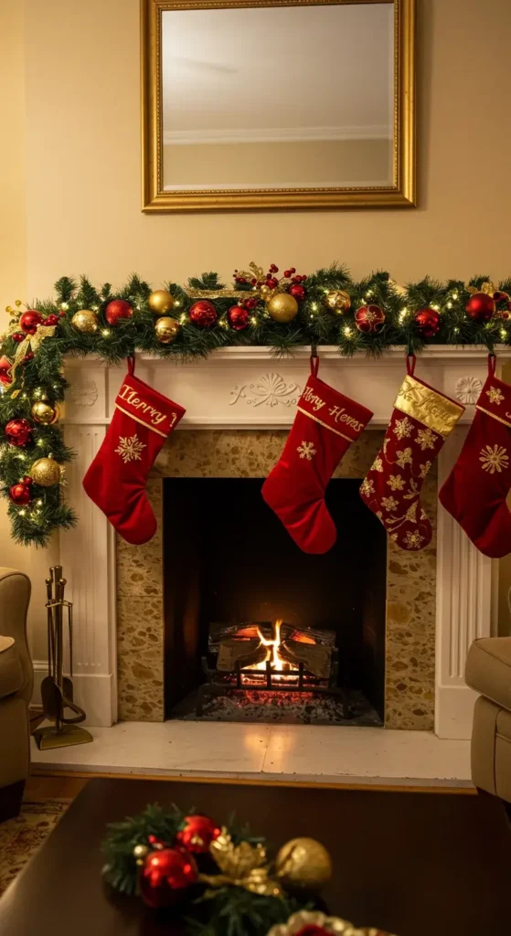 A Christmas Mantle Adorned With Red