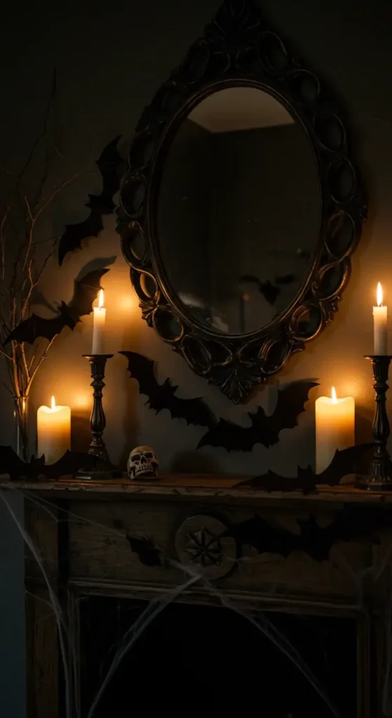 A Halloween Mantle With Black Bats