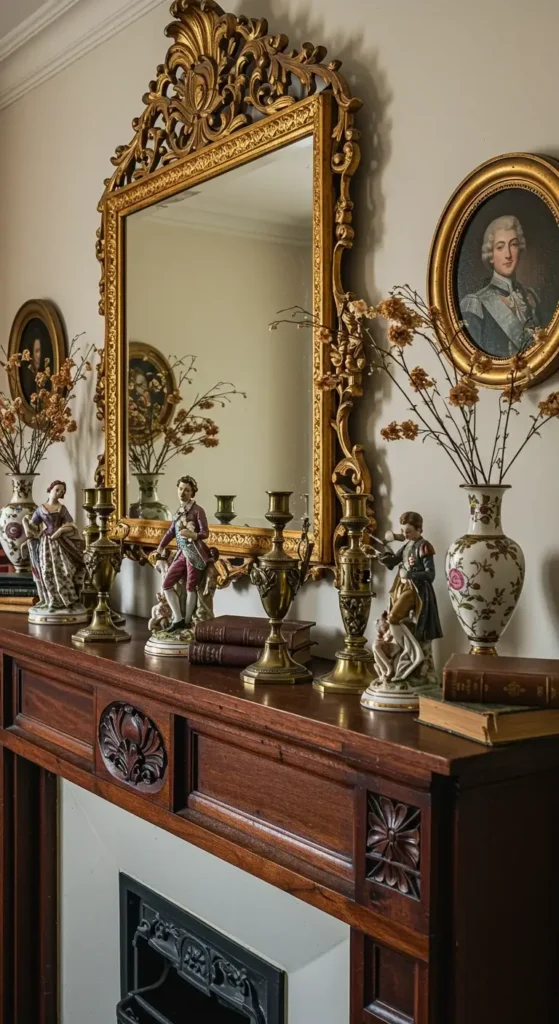 A Victorian-style Mantle Adorned With A Gilded Mirror