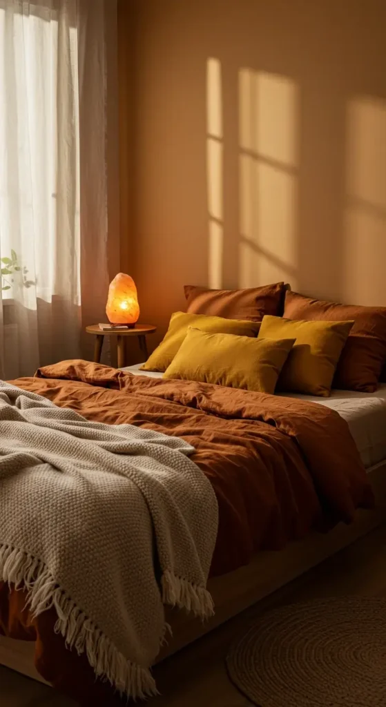 A bedroom with earthy tones