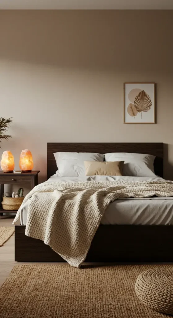 A Bedroom With Earthy Tones, Glowing Salt Lamps