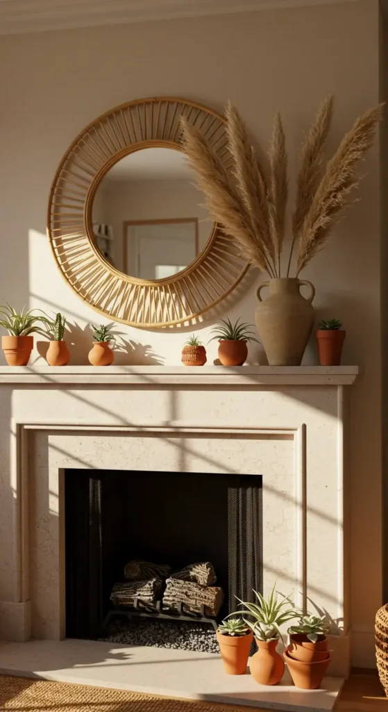 A Bohemian-inspired Mantle Featuring A Rattan-framed Round Mirror