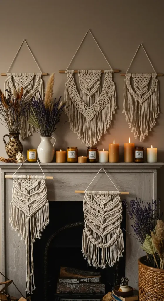 A Bohemian-style Mantle With Macramé Wall Hangings