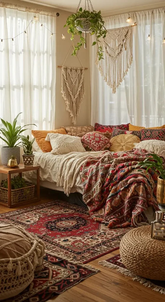 A Bohemian-style Room With Macramé Wall