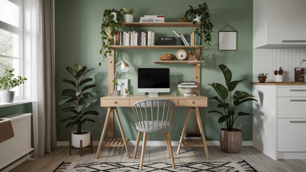 A compact ladder-style desk with built-in shelves, showcasing books