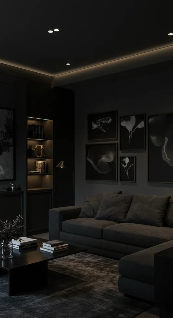 A Compact Living Room In Dark Tones