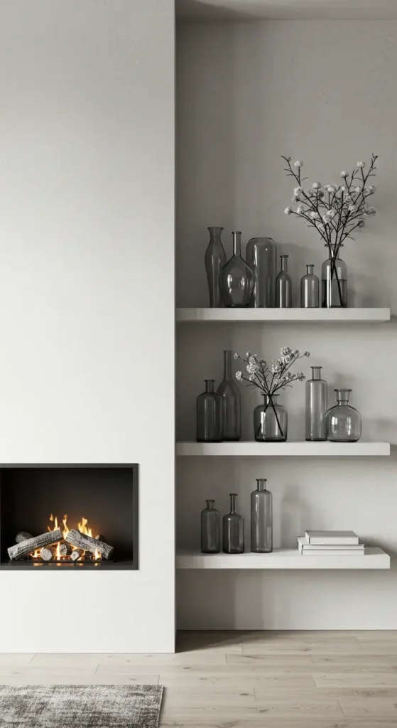 A Contemporary Mantle With Floating Shelves Glass Vases