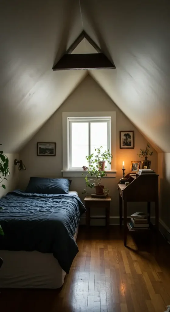 A Cozy Attic Bedroom With Sloped Ceilings