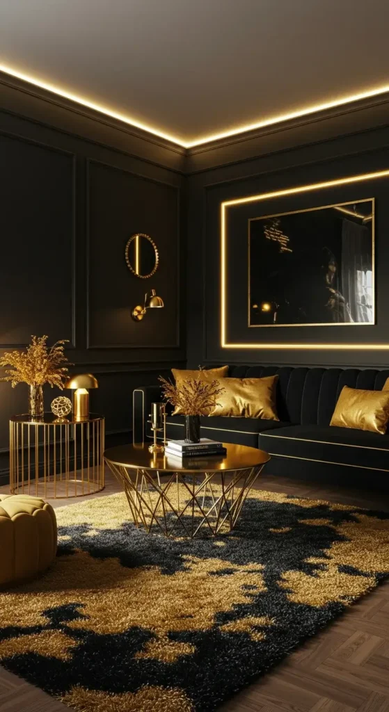 A cozy black and gold living room with soft lighting