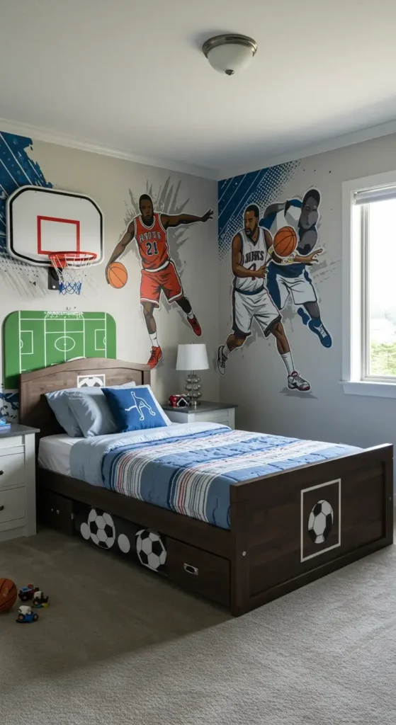 A Cozy Kids' Bedroom With A Sports Theme