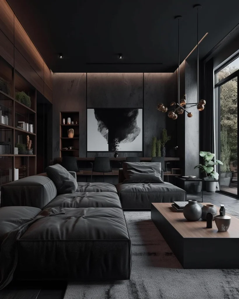 A Cozy Library-style Living Room With Dark Wood