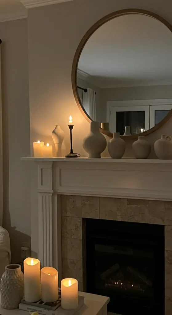 A Cozy Living Room Mantle With A White Wooden Shelf