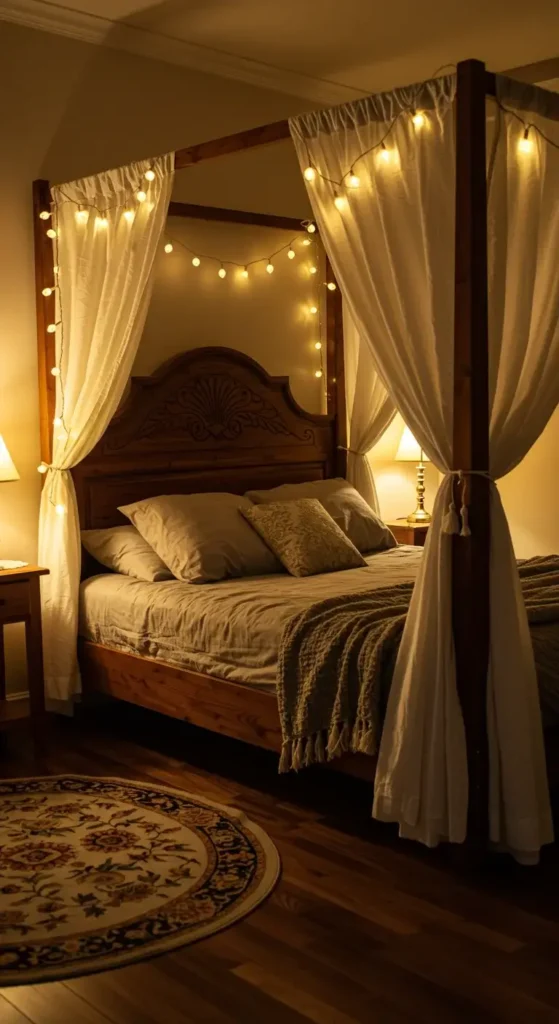 A Cozy Room With A Wooden Canopy Bed