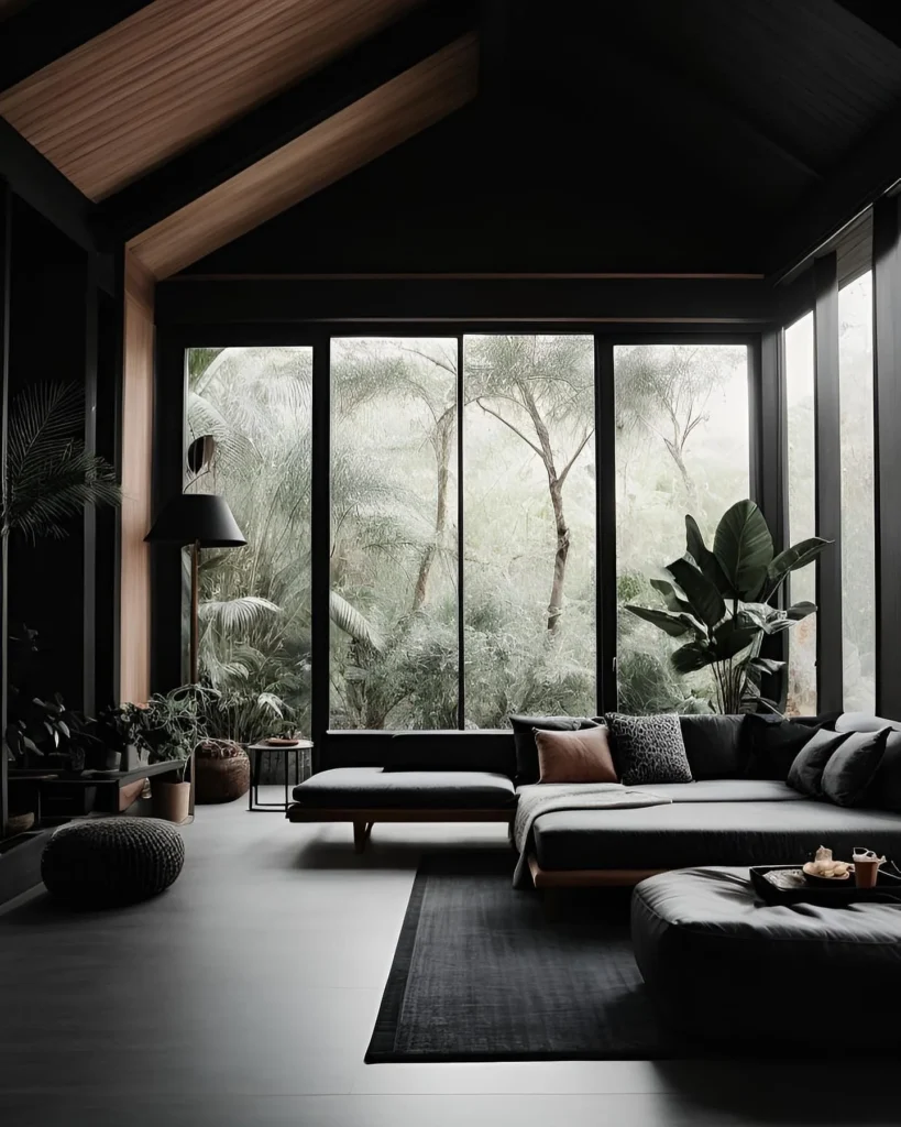 A Dark And Moody Living Room With Black Walls