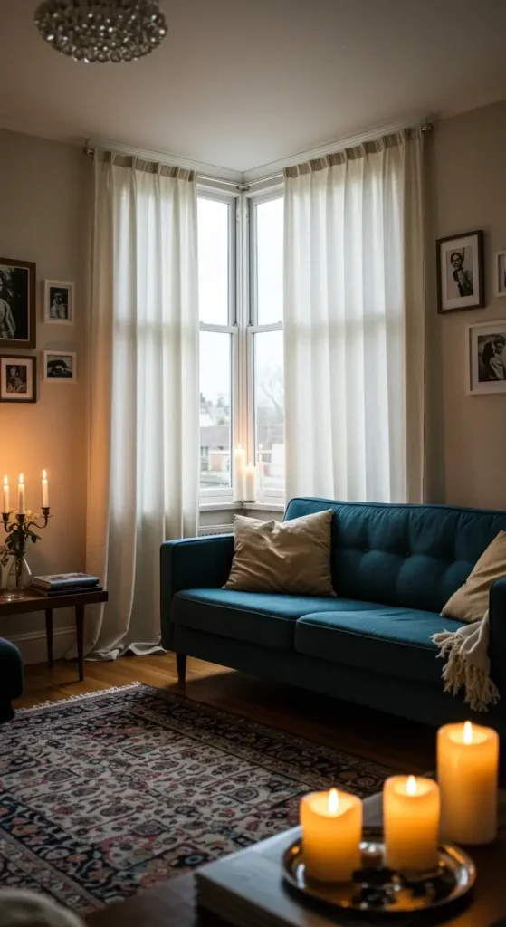 A dark living room illuminated by fairy lights