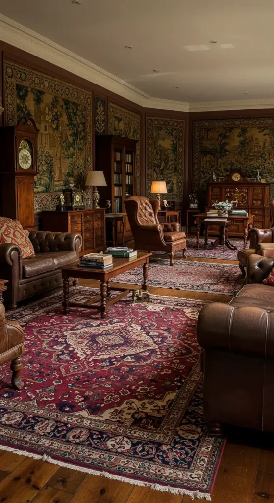 A deep burgundy and brown living room