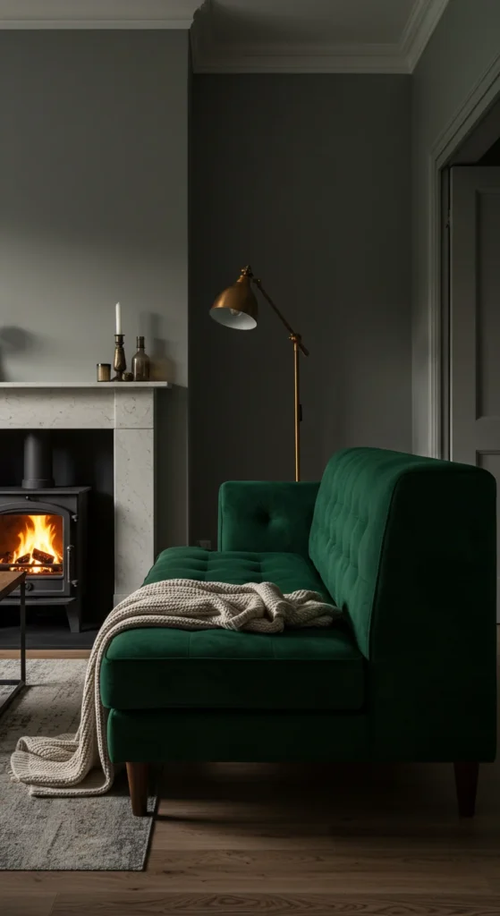 A Dimly Lit Living Room With A Plush Velvet Sofa