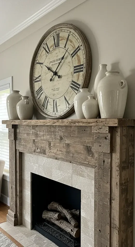 A Farmhouse-style Mantle With Distressed Wood Decor