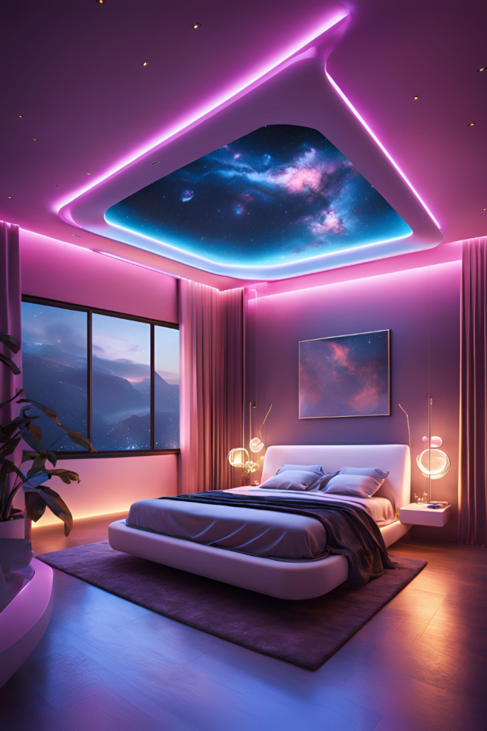 A Futuristic Bedroom With Neon Lights