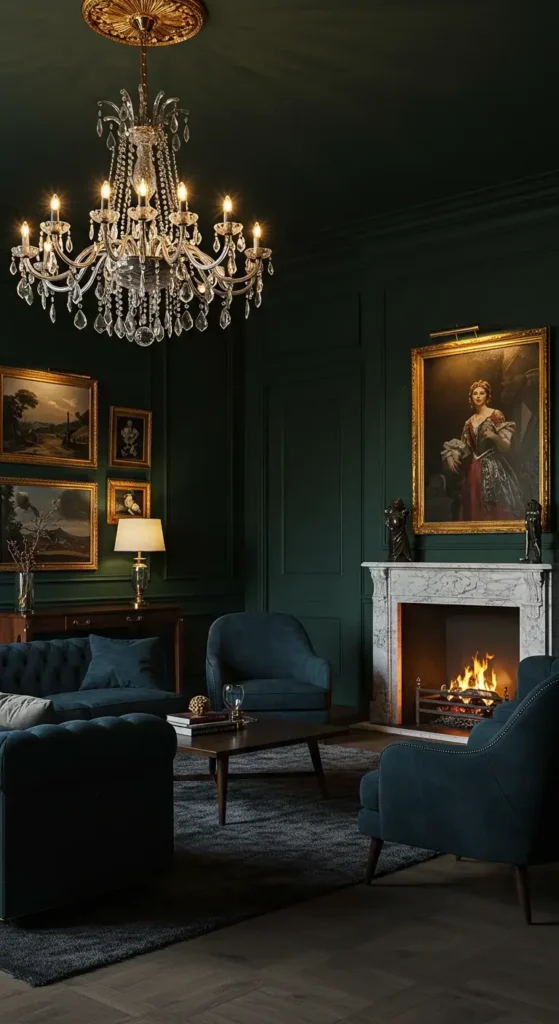 A gothic-style living room with black walls