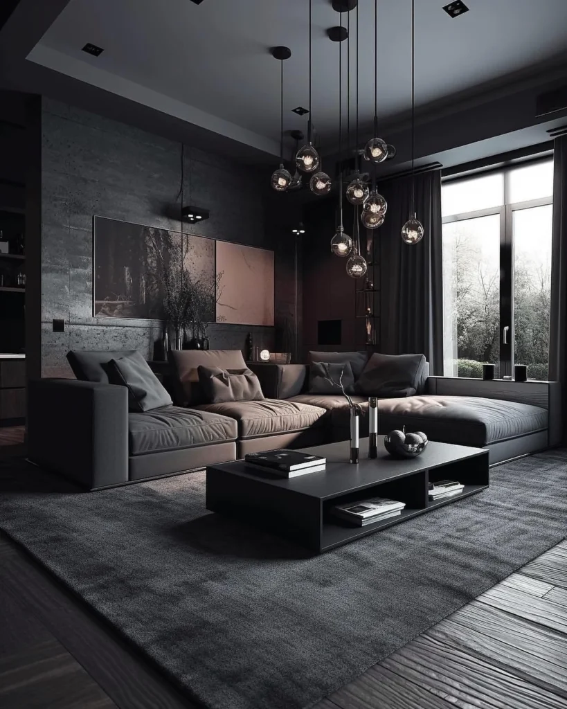 A Living Room With A Dark Accent Wall,