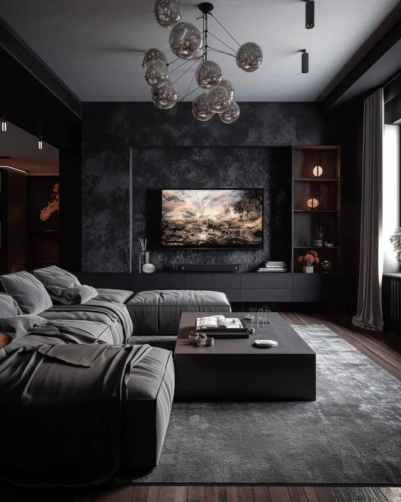 A Living Room With A Dark Ceiling