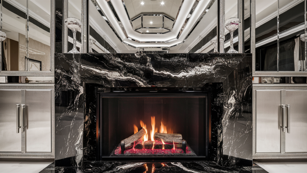 A luxurious and glamorous living space featuring a centerpiece marble fireplace