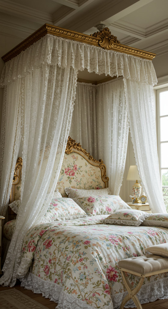 A Luxurious Canopy Bed With An Ornate Headboard