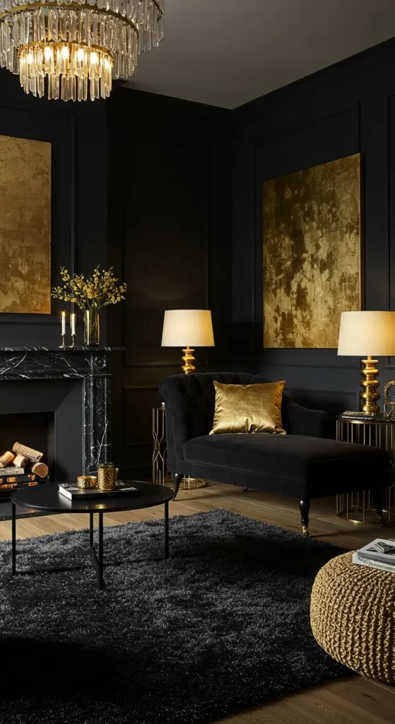 A luxurious dark-themed living room with a chandelier