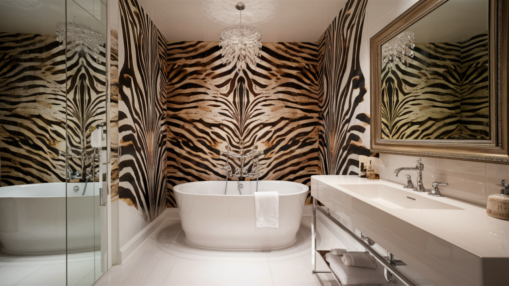 A luxurious modern bathroom featuring bold animal print wallpaper