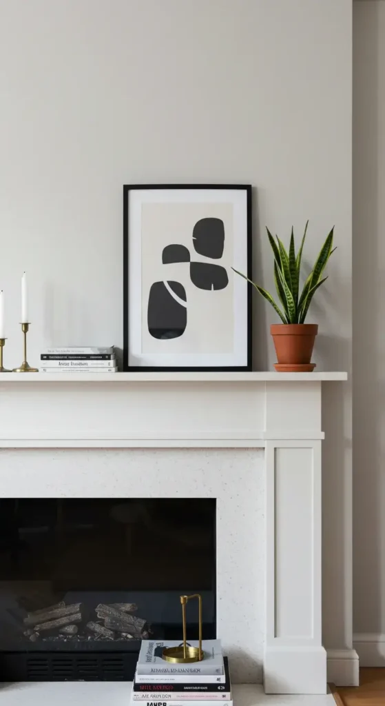 A Minimalist Living Room Mantle With A Clean White Finish