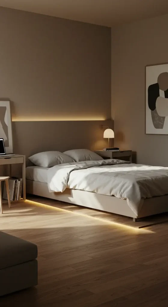 A Modern Bedroom With Soft Lights