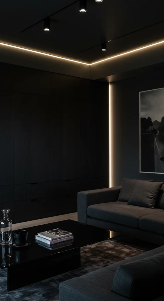 A Modern Dark Living Room Featuring Glossy Finishes