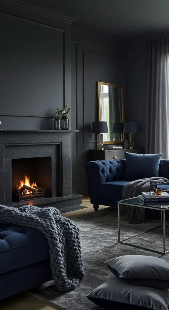 A modern dark-themed living room