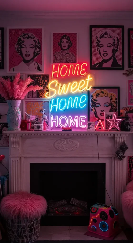 A Neon-themed Mantle With Colorful Led Signs