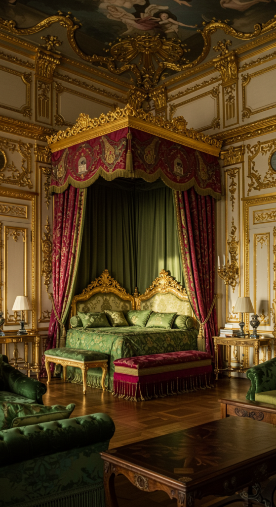 A Royal Bedroom With Gold Detailing